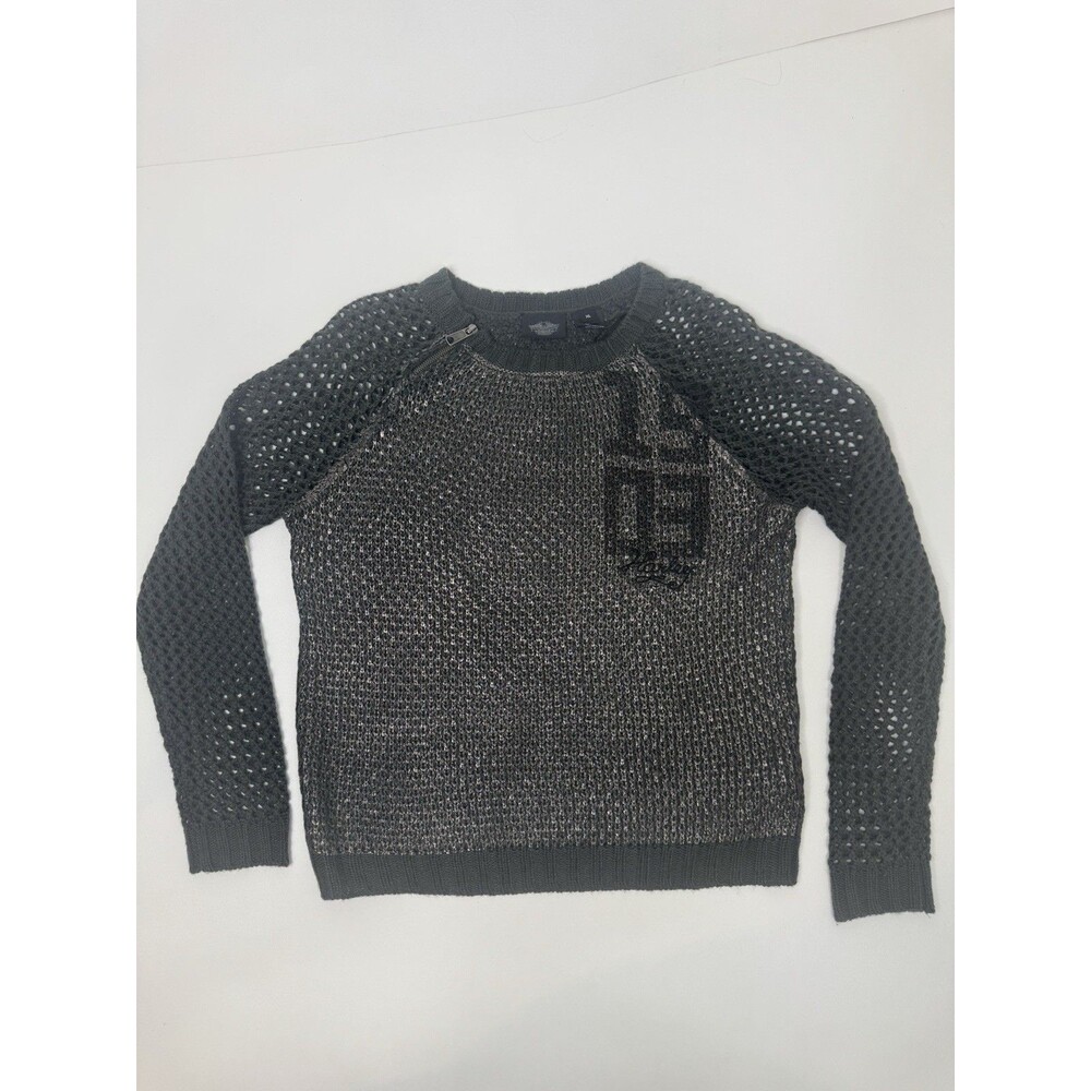 Harley Davidson Olive Sweater Pullover Foil Print Logo Crochet Long Sleeve Sz XL
